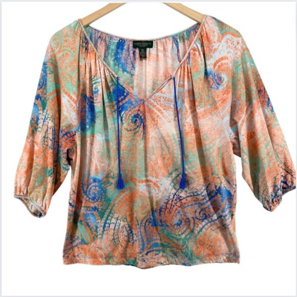 Ralph Lauren Blouse Paisley Peasant Tassel Tie Neck 3/4 Sleeve Orange, MP - Picture 1 of 6